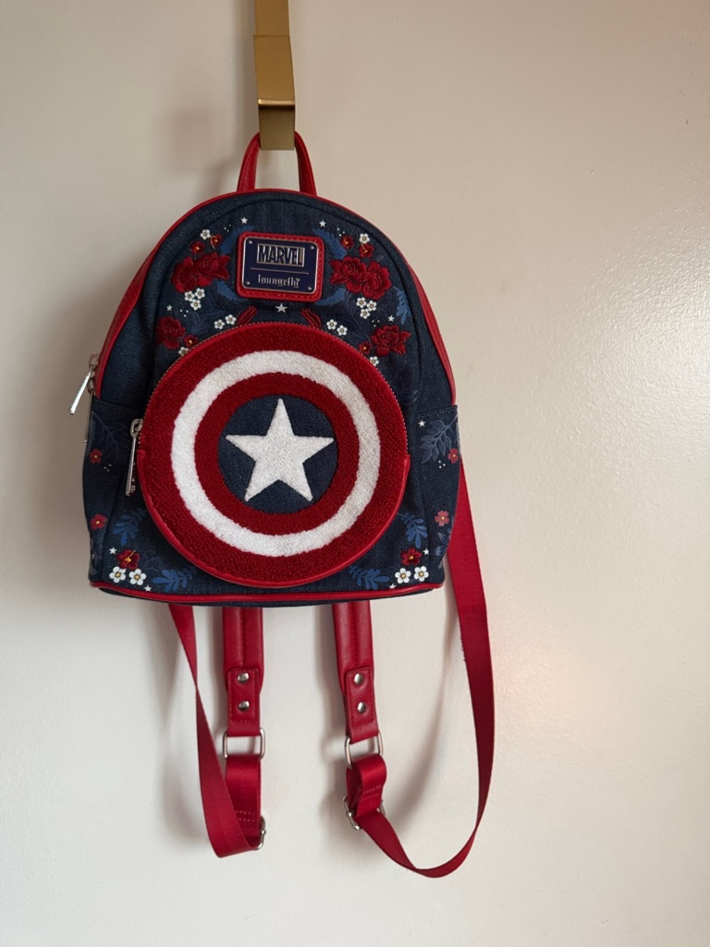 Marvel Loungefly Red & Denim Floral Captain America Shield Mini Backpack